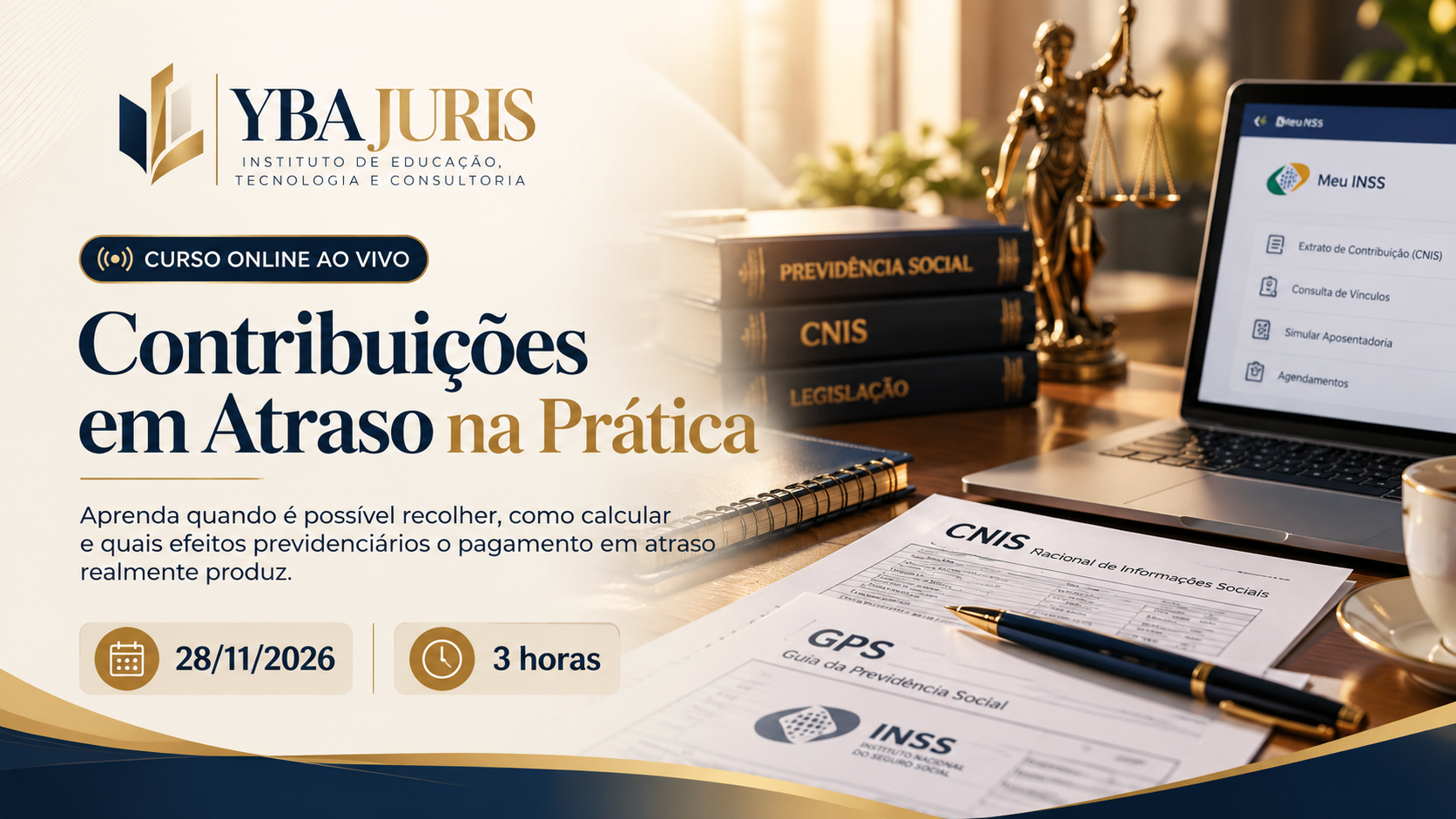 Divulgação do curso Contribuições em Atraso na Prática, com notebook aberto no Meu INSS, livros previdenciários, documento do CNIS e formulário de GPS sobre uma mesa.